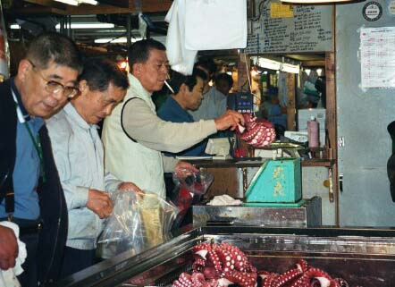 Tsukiji Fish Market - notice the stall attendant weighing the octopus with a fag hanging out of his mouth!