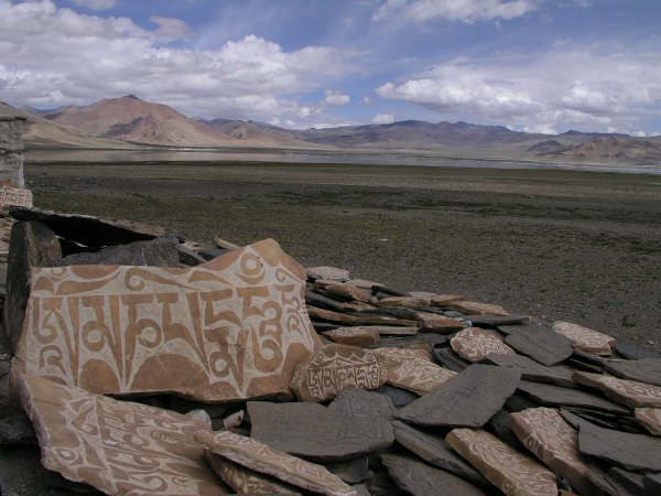A Mani wall alongside Tsokar (Salt Lake)